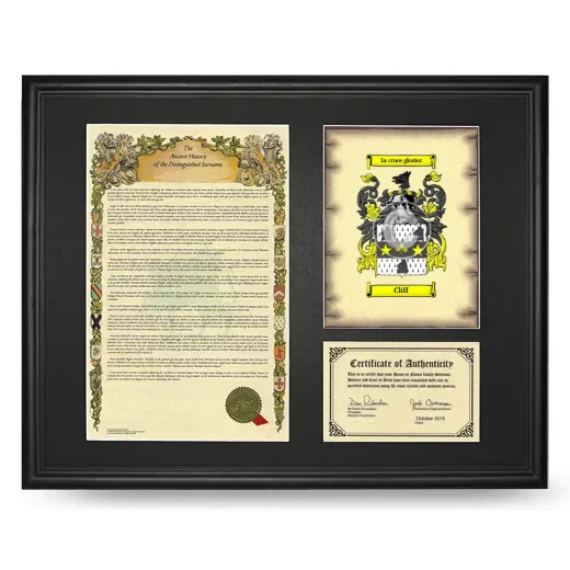Cliff Framed Surname History and Coat of Arms - Black