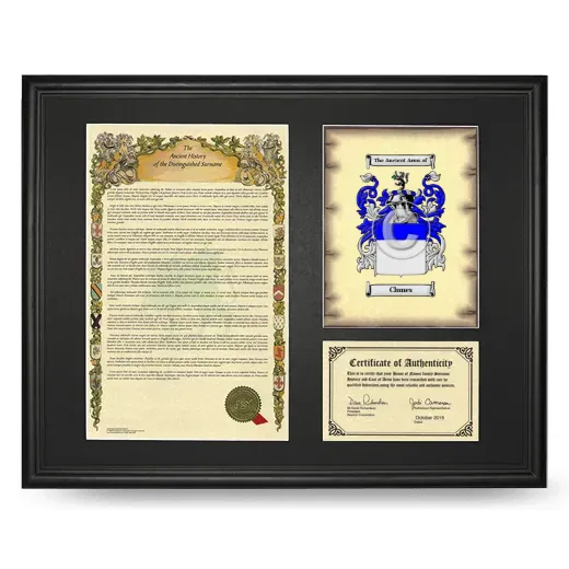 Clunes Framed Surname History and Coat of Arms - Black