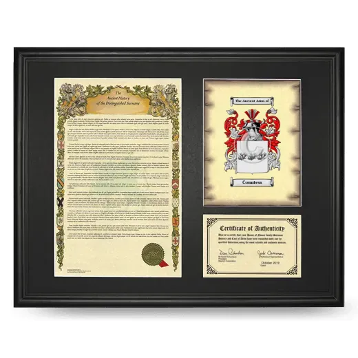 Countess Framed Surname History and Coat of Arms - Black