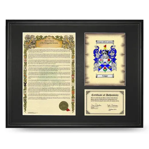 Coupe Framed Surname History and Coat of Arms - Black