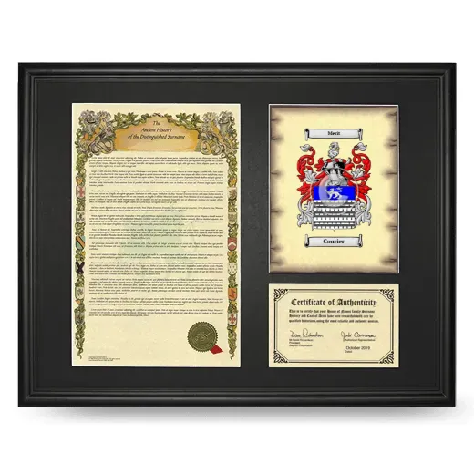 Courier Framed Surname History and Coat of Arms - Black