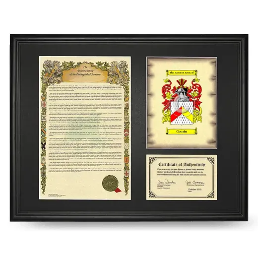 Cousin Framed Surname History and Coat of Arms - Black