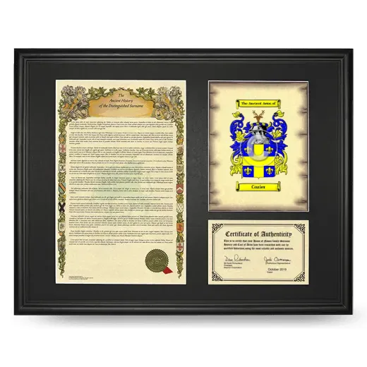 Cozier Framed Surname History and Coat of Arms - Black