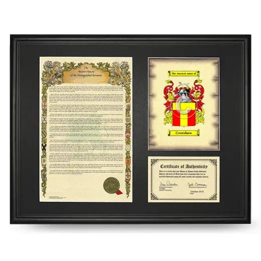 Crowshaw Framed Surname History and Coat of Arms - Black