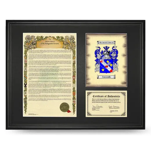 Currando Framed Surname History and Coat of Arms - Black