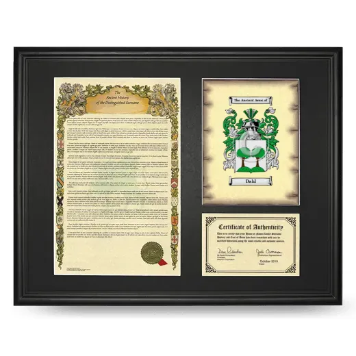 Dahl Framed Surname History and Coat of Arms - Black