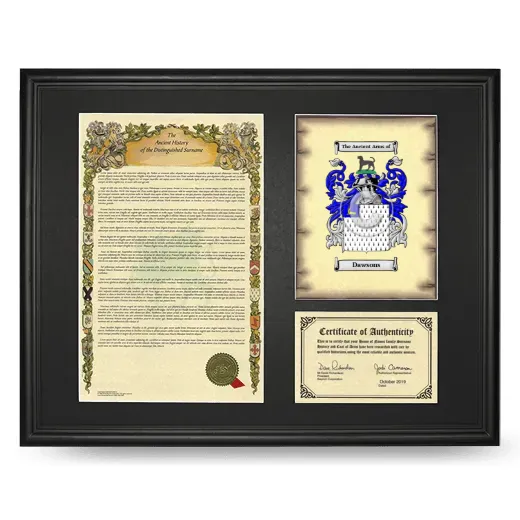 Dawsons Framed Surname History and Coat of Arms - Black