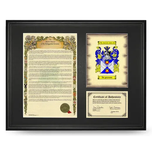 De guzman Framed Surname History and Coat of Arms - Black
