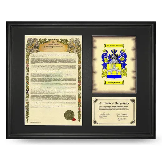 De la puente Framed Surname History and Coat of Arms - Black