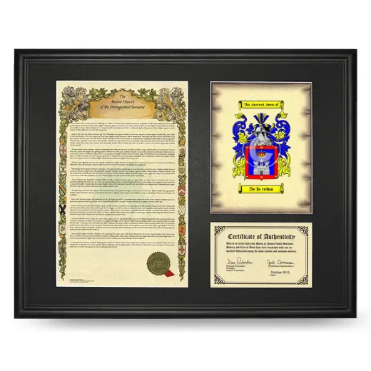 De la reina Framed Surname History and Coat of Arms - Black
