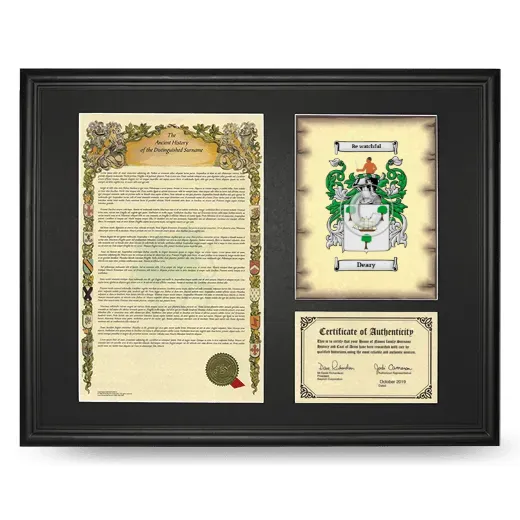 Deary Framed Surname History and Coat of Arms - Black