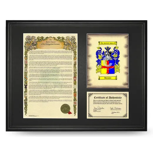 Decaire Framed Surname History and Coat of Arms - Black
