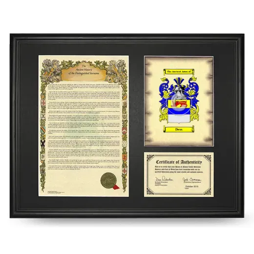 Dess Framed Surname History and Coat of Arms - Black