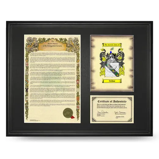 Doline Framed Surname History and Coat of Arms - Black