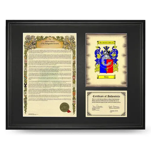 Dory Framed Surname History and Coat of Arms - Black