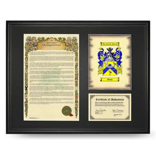 Dreys Framed Surname History and Coat of Arms - Black