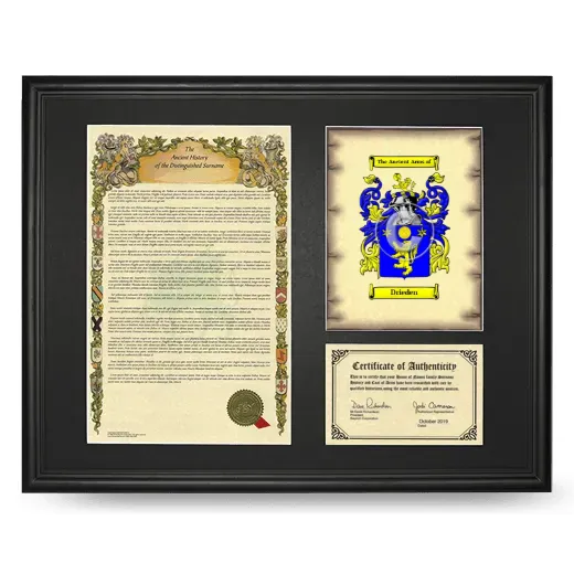 Drieden Framed Surname History and Coat of Arms - Black