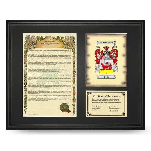 Dyck Framed Surname History and Coat of Arms - Black