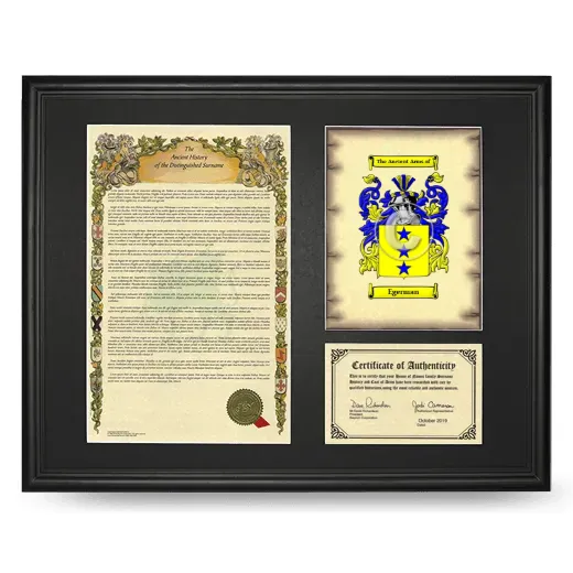 Egerman Framed Surname History and Coat of Arms - Black