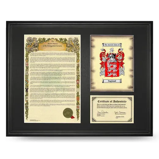 England Framed Surname History and Coat of Arms - Black