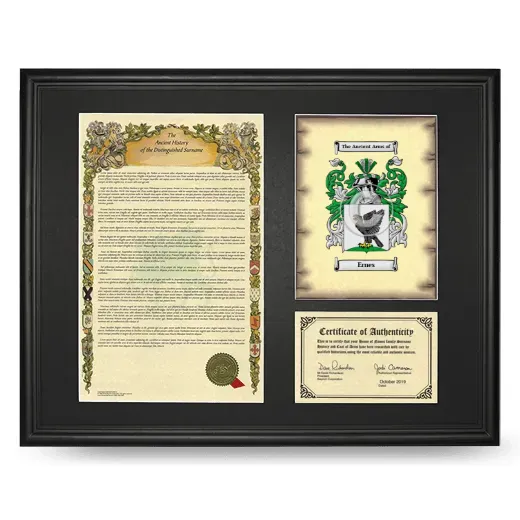 Ernes Framed Surname History and Coat of Arms - Black