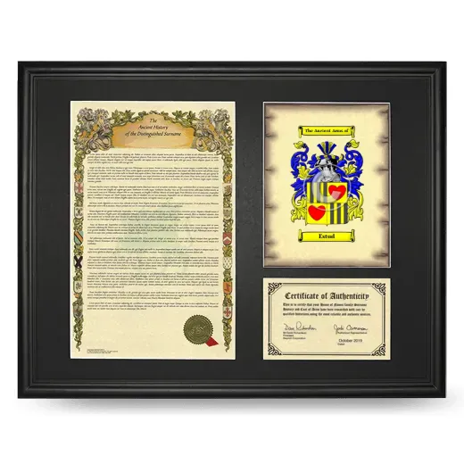 Estud Framed Surname History and Coat of Arms - Black