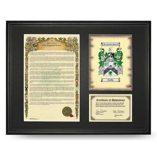 Evelly Framed Surname History and Coat of Arms - Black