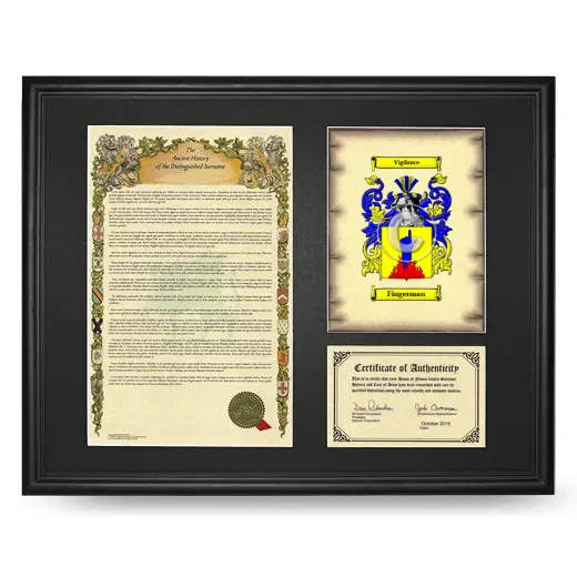 Fingerman Framed Surname History and Coat of Arms - Black