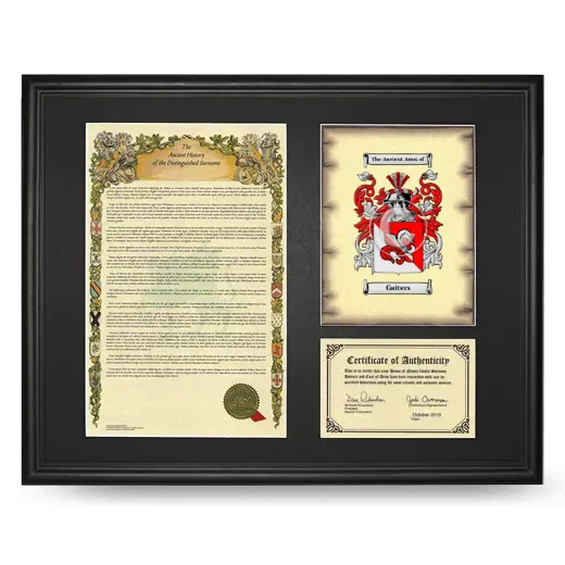 Gaiters Framed Surname History and Coat of Arms - Black