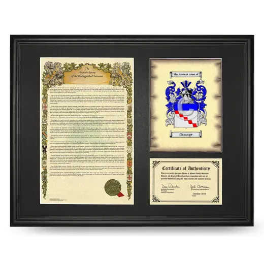 Gamage Framed Surname History and Coat of Arms - Black
