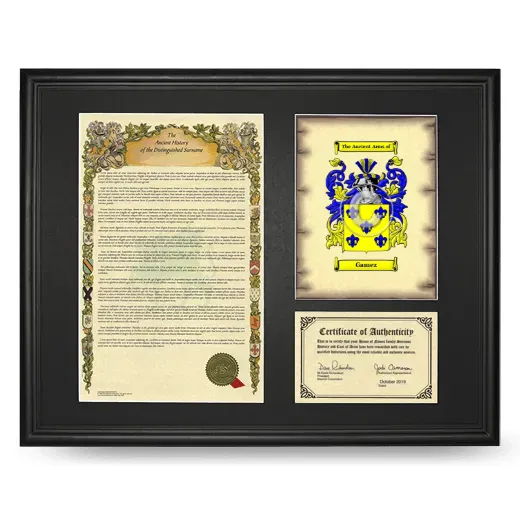 Gamez Framed Surname History and Coat of Arms - Black