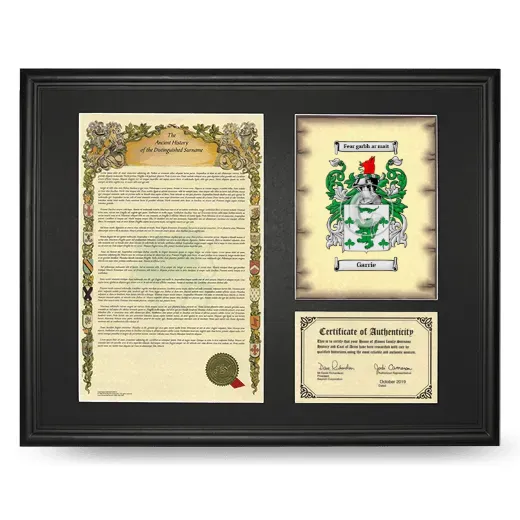 Garrie Framed Surname History and Coat of Arms - Black