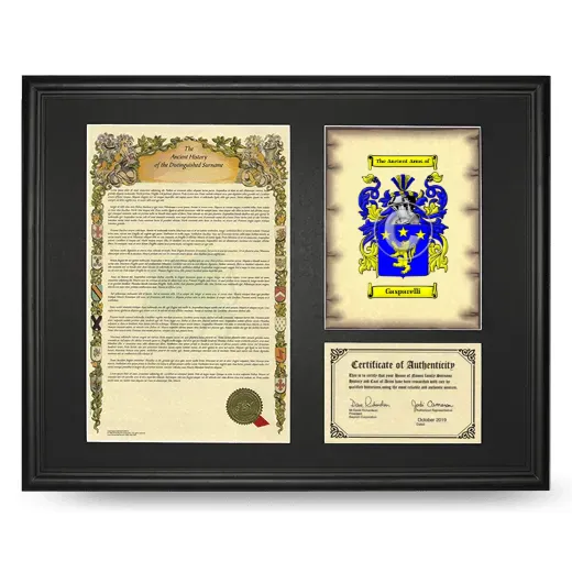 Gasparelli Framed Surname History and Coat of Arms - Black