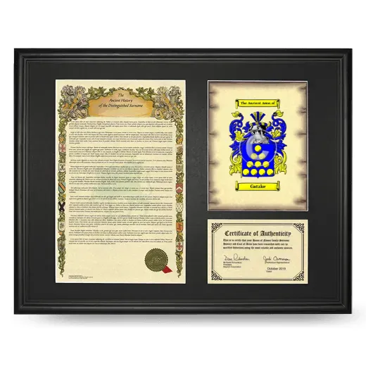 Gatzke Framed Surname History and Coat of Arms - Black