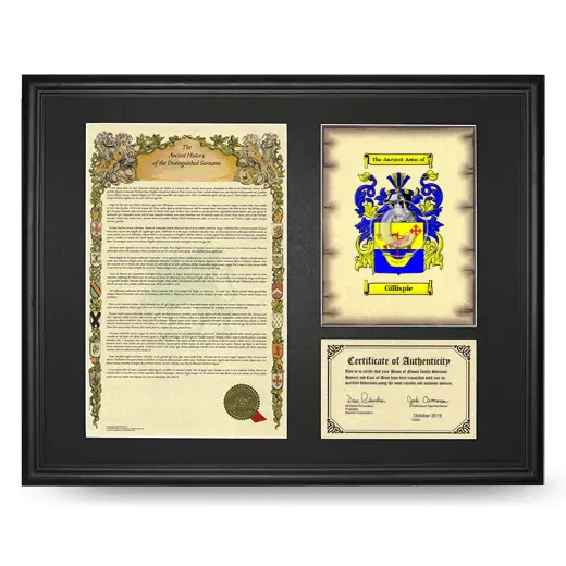 Gillispie Framed Surname History and Coat of Arms - Black