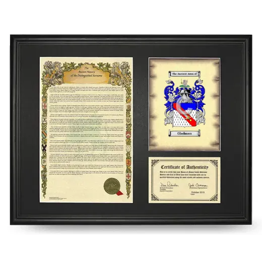 Gladman Framed Surname History and Coat of Arms - Black