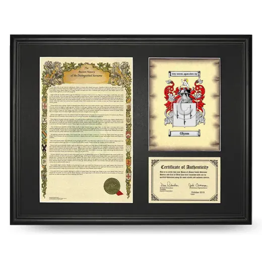 Glynn Framed Surname History and Coat of Arms - Black