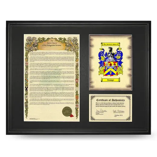 Grange Framed Surname History and Coat of Arms - Black