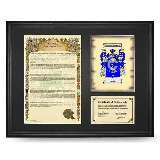 Gronk Framed Surname History and Coat of Arms - Black