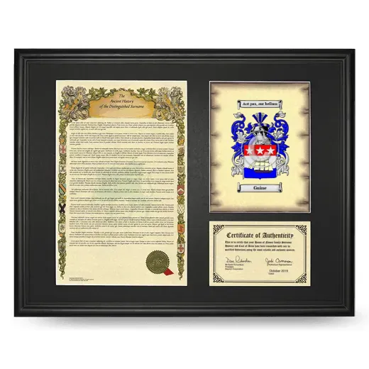 Guine Framed Surname History and Coat of Arms - Black