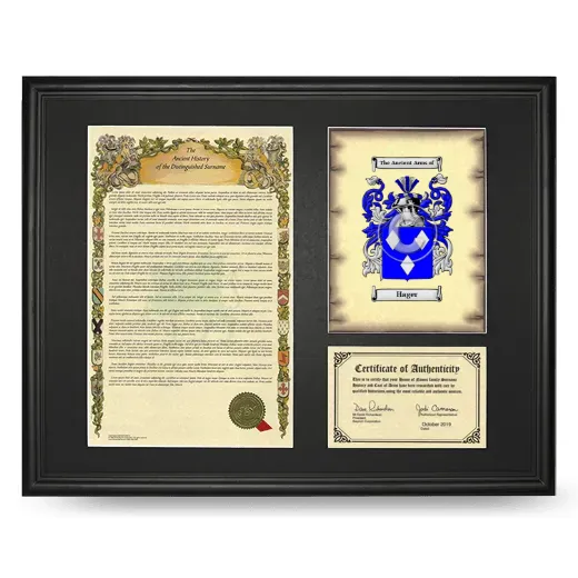 Hager Framed Surname History and Coat of Arms - Black
