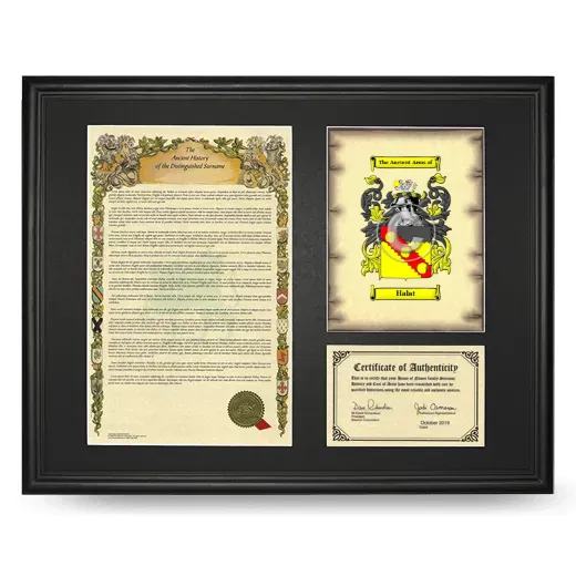 Halat Framed Surname History and Coat of Arms - Black
