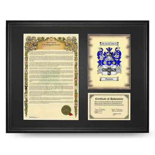 Harmen Framed Surname History and Coat of Arms - Black