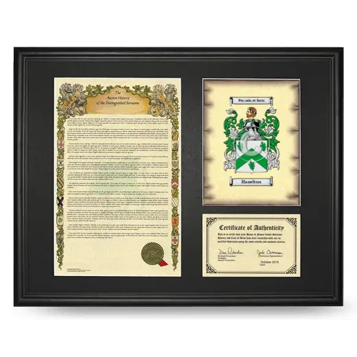 Hazelton Framed Surname History and Coat of Arms - Black