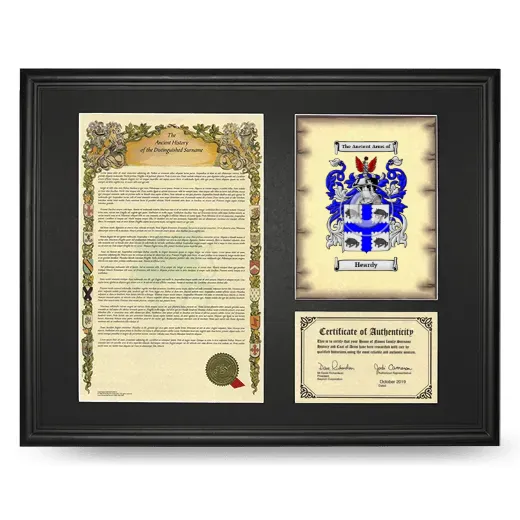 Heardy Framed Surname History and Coat of Arms - Black