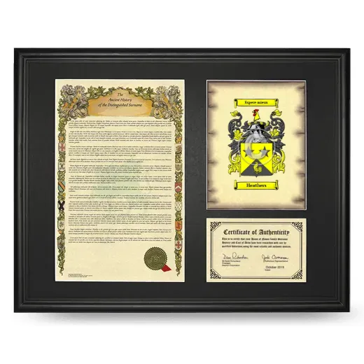 Heathers Framed Surname History and Coat of Arms - Black