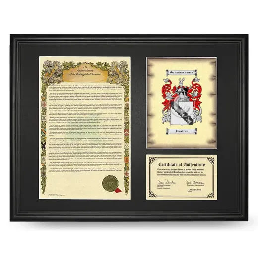 Heaton Framed Surname History and Coat of Arms - Black