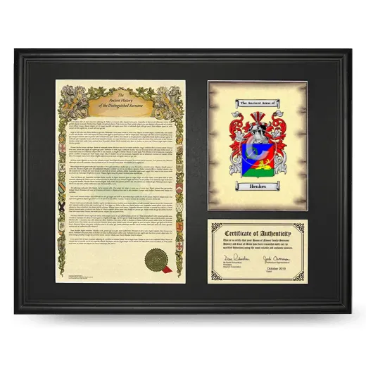 Henkes Framed Surname History and Coat of Arms - Black