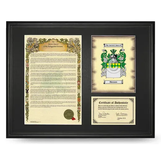Hermes Framed Surname History and Coat of Arms - Black