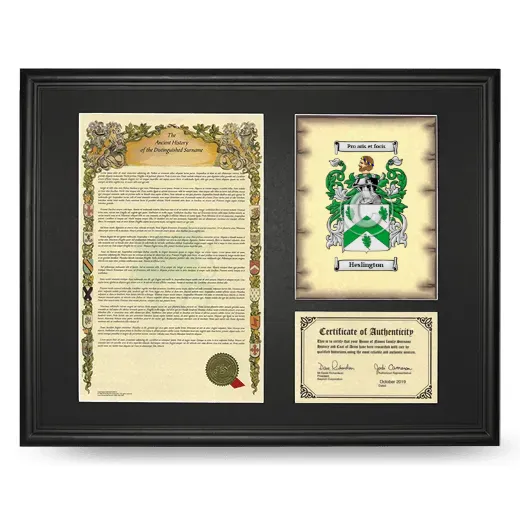 Heslington Framed Surname History and Coat of Arms - Black